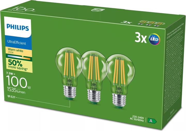 Immagine prodotto Philips Ultra Efficient Żarówka LED E27 |A60 |7.3W = 100W |2700K Ciepła |3 szt. (E27, 1535 lm, 3x)