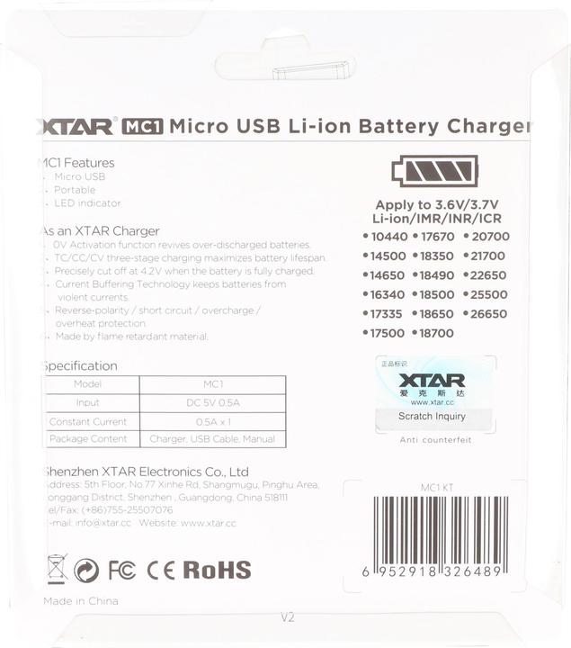 Image du produit Xtar USB-Ladegerät mit bis zu 0,5Ah Ladestrom (1 pcs, Chargeurs sans batterie)