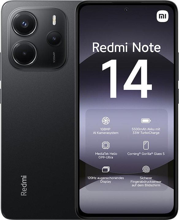 Produktbild Xiaomi Redmi Note 14 (128 GB, Midnight Black, 6.67", Hybrid Dual SIM, 108 Mpx, 4G)