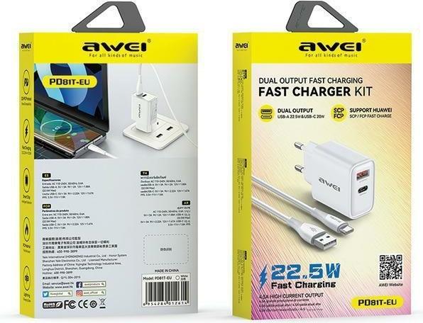 Actual product image Awei ład. siec. PD81T-EU 22.5W + cable USB + USB-C biała/white GaN (22 W, 2 ports)