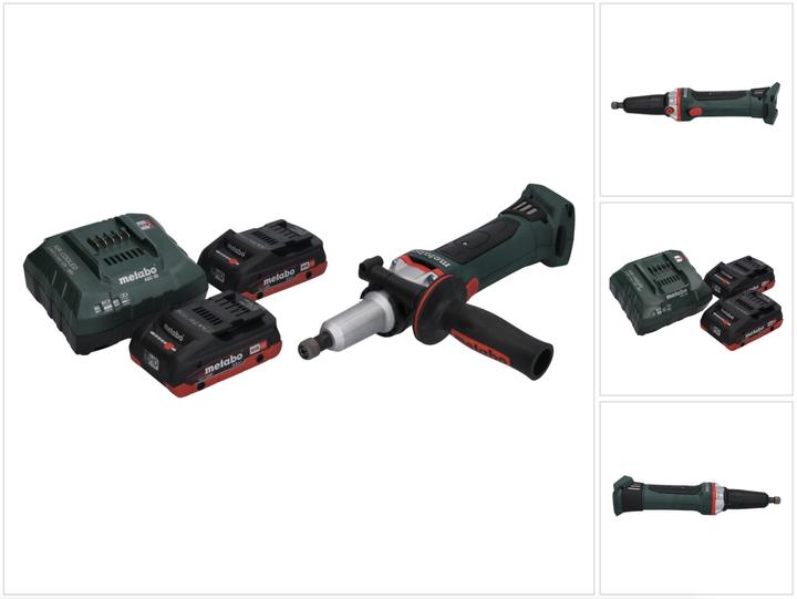 1x Metabo GA 18 LTX G Akku Geradschleifer, 1x Spannzange 6 mm, 1x Zusatzhandgriff, 1x Staubschutzfilter, 2x Metabo LiHD Akkupack 18V 4,0 Ah Akku ( 625367000 ), 1x Metabo ASC 55 Ladegerät