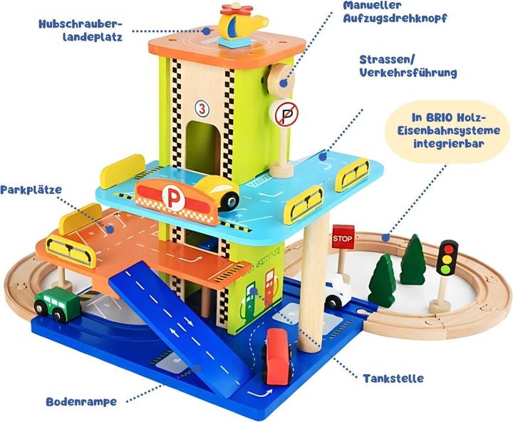 Produktbild Hermex Holz-Parkhaus für Kinder mit Zubehör Parkgarage Spielzeug Spielgarage