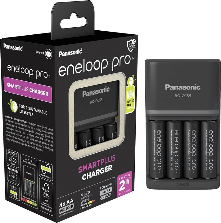 Immagine prodotto Panasonic eneloop pro Smart & Quick Charger BQ-CC55 (4 pz., AA, 2500 mAh, Batteria + Caricabatterie)