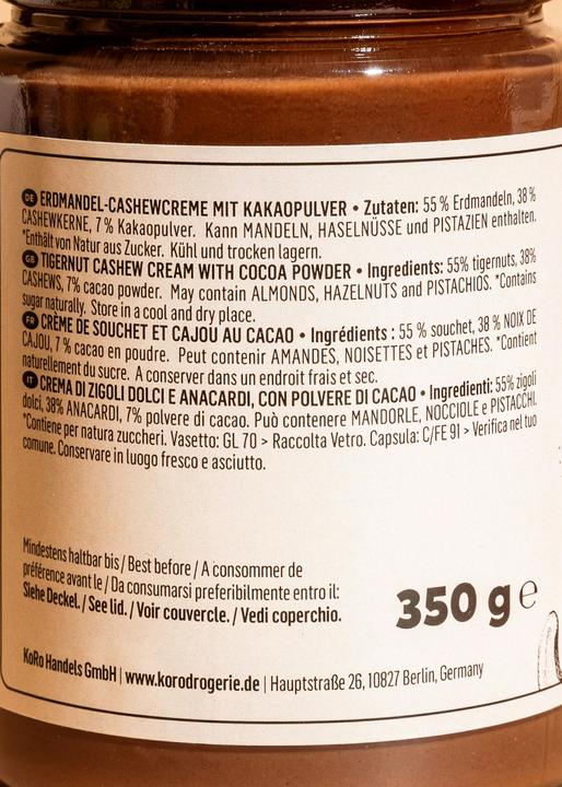 Valeurs nutritives et ingrédients KoRo Crème de noix de cajou et de souchet avec poudre de cacao (350 g)