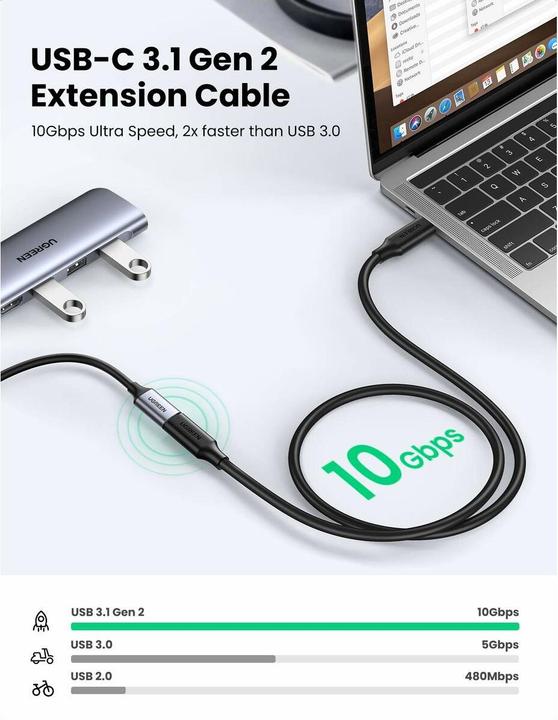 Productafbeelding Ugreen USB Type C 3.1 Gen2 Man naar Vrouw kabel vernikkeld 1m (zwart) (1 m, USB 3.2 Gen 2, 100 W)