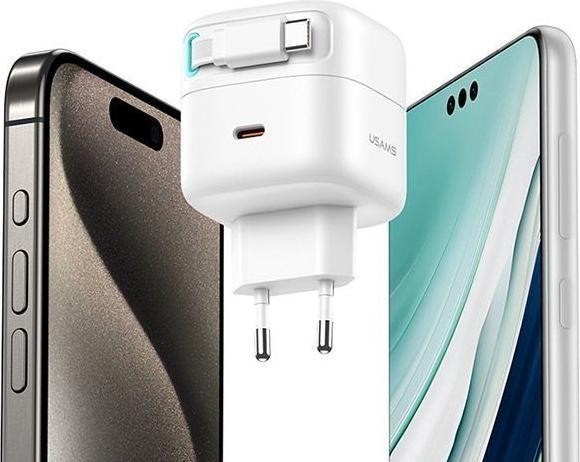 Produktbild Usams Ład. siec. 1xUSB-C ze zwijanym kablem USB-C (only head) PD+QC 35W Gan Fast Charging biały/whit (35 W)