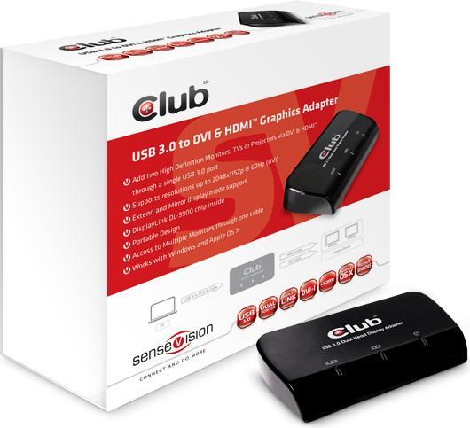 Produktbild Club 3D SenseVision USB3.0 to DVI-I & HDMI Graphics Adapter (HDMI, DVI, 6.40 cm)