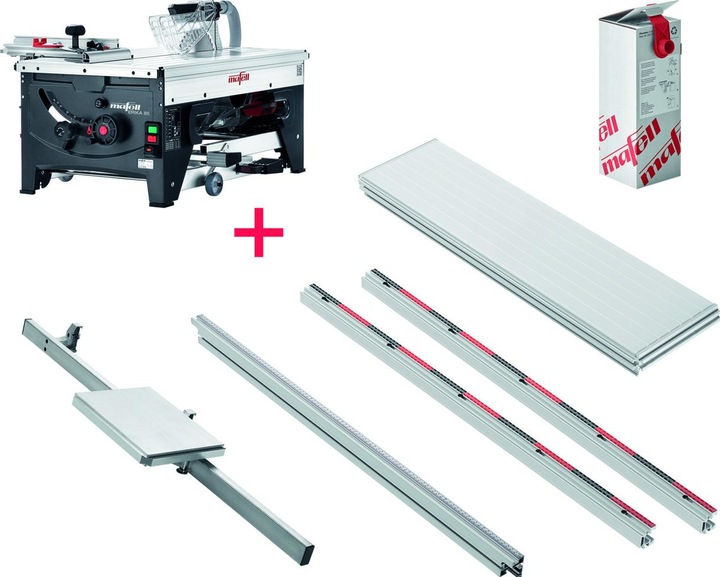 1 lama per sega HM, 1 bastone di spinta, 1 chiave esagonale da 6 mm, 1 Supporto rapido, 1 set di aspirazione con 2 ugelli, 1 recinzione multifunzionale MFA con fermo angolare commutabile, 1 righello di arresto (203396), 2 ruote per il trasporto, 1 pezzo di fissaggio, 1 carrello scorrevole (038563), 1 tavolo aggiuntivo (208439), 2 binari di supporto e di sostegno (038686), 1 Set di avviamento Cleanbox (203402)