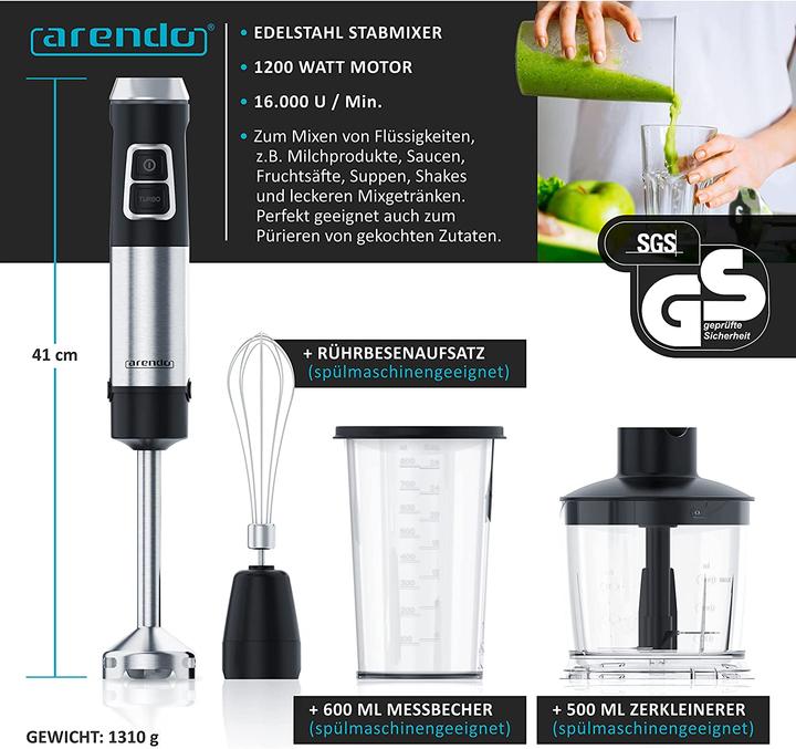 Immagine prodotto Arendo Frullatore a mano in acciaio inox 1200 Watt Set Nero