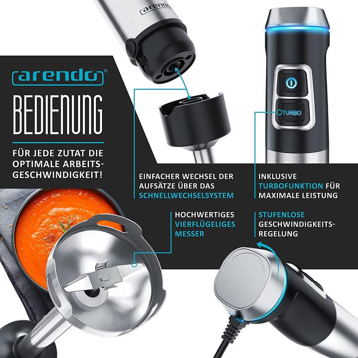 Immagine prodotto Arendo Frullatore a mano in acciaio inox 1200 Watt Set Nero