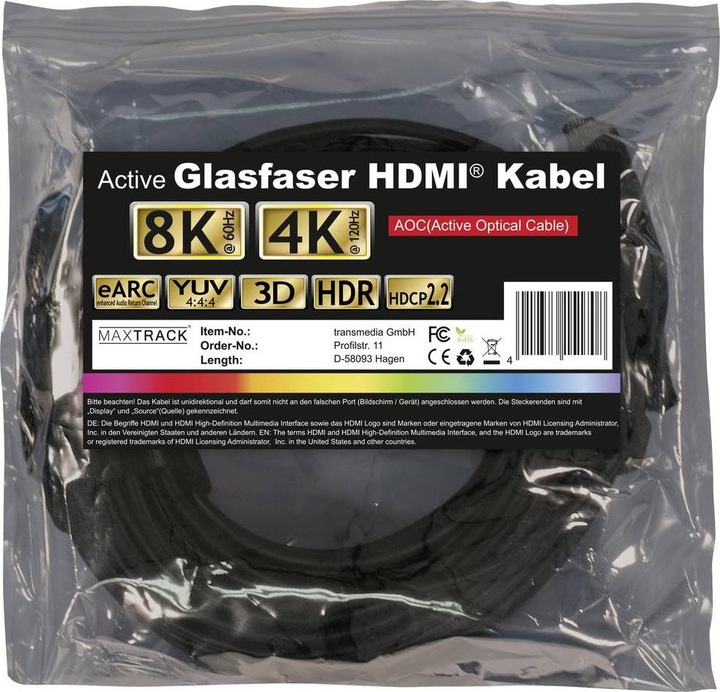 Productafbeelding Transmedia HDMI glasvezelkabel (HDMI 2.1, 8k@60Hz, eARC) (15 m, HDMI)