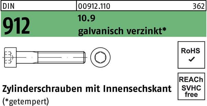 Produktbild Zylinderschraube DIN 912 m.Innensechskant M 12 x 40 10.9 galvanisch verzinkt (100 Schrauben pro Stück)