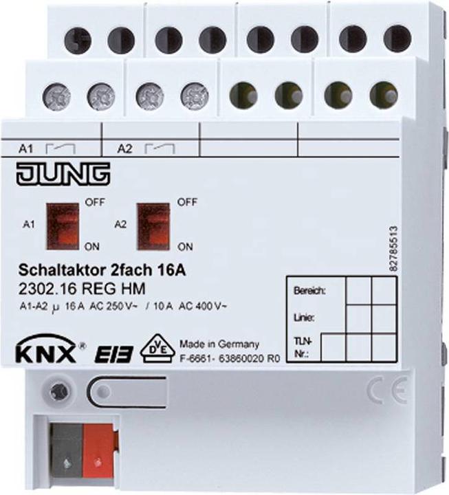 Actual product image JUNG Switch actuator KNX REG 4TE 2output 16A 3680W 2302.16REGHM (Switch actuator)