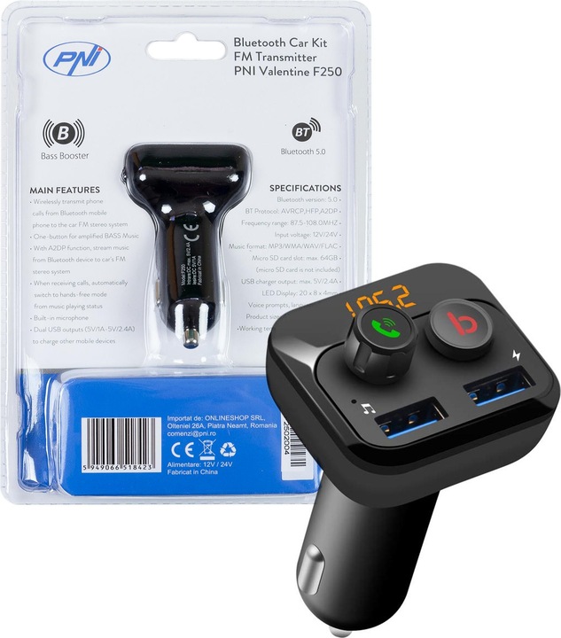 Productafbeelding PNI FM-modulator Valentine F250 Bluetooth 5.0, MP3-speler, FM-zender, micro SD-sleuf, dual
