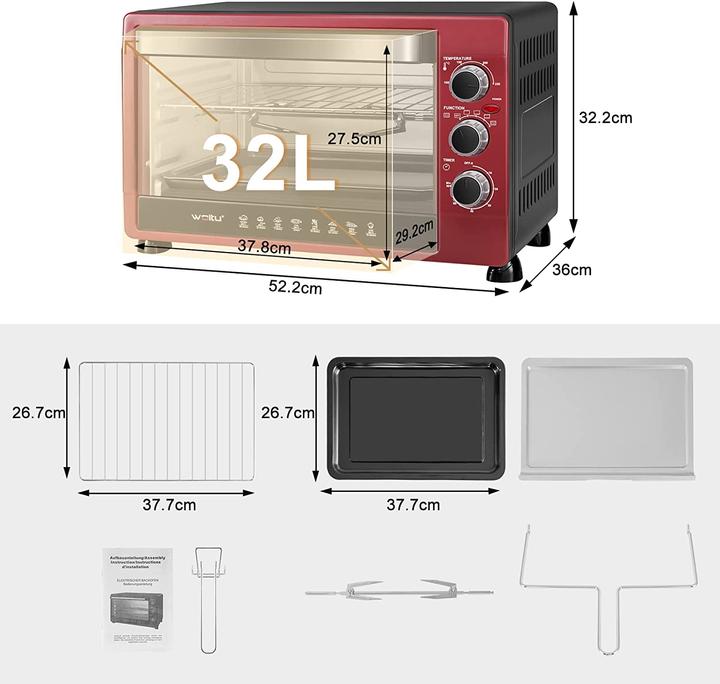 Produktbild Woltu Mini Backofen 32 Liter, Schwarz+rot