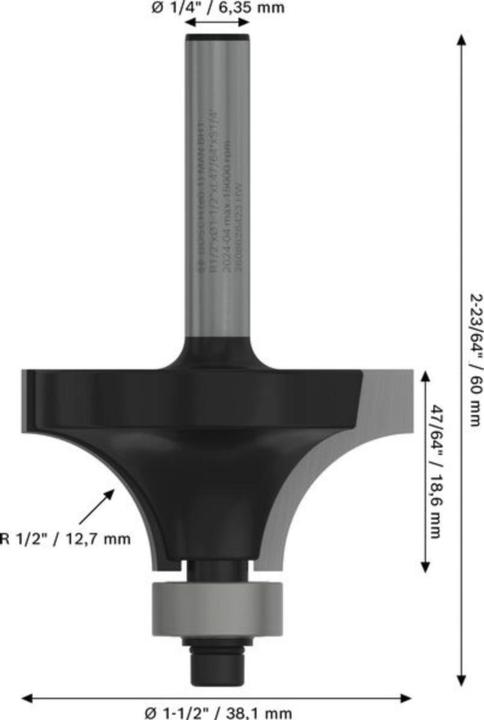 Produktbild Bosch Professional Zubehör Abrundfräser, 1/4-Zoll, R1 12,7 mm, D 38,1 mm, L 18,6 mm, G 60 mm