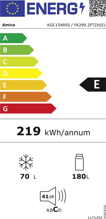 Label énergétique Amica Combiné réfrigérateur-congélateur KGC 15495 S l x h x p 54.5 x 180 x 59 cm partie (250 l)