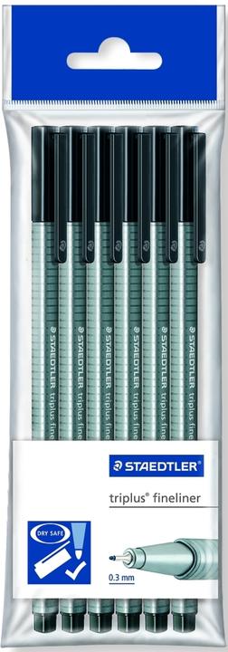 Actual product image Staedtler Fineliner triplus, black, 6 pieces in a polybag, triangular, metal-clad tip, DRY SAFE, soft (Black, 1 x)