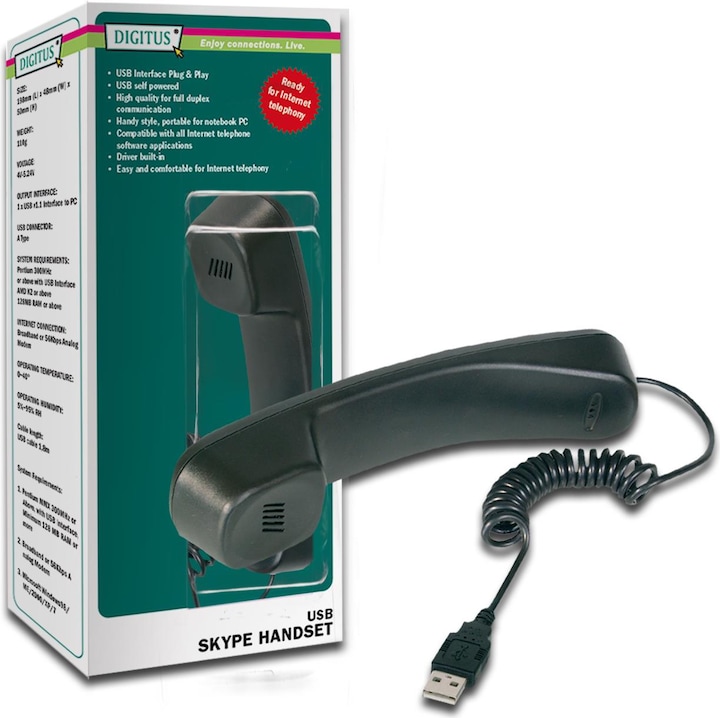 Produktbild Digitus Telefon Hoerer USB fuer Skype MSN ICQ X-lite Dialpad MediaRing Net2phone etc. schwarz