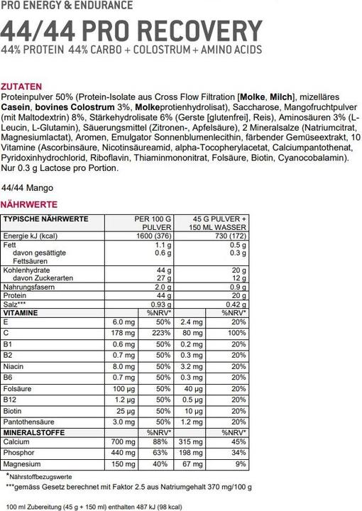 Nährwerte und Zutaten Sponser Pro Recovery (Mango, 1 Stk., 800 g)