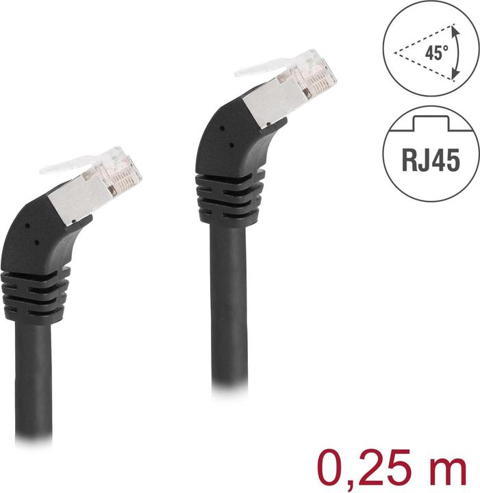 Produktbild Delock Patchkabel 45° unten gewinkelt Cat 6A, S/FTP, 0.25 m Schwarz (S/FTP, CAT6a, 0.25 m)