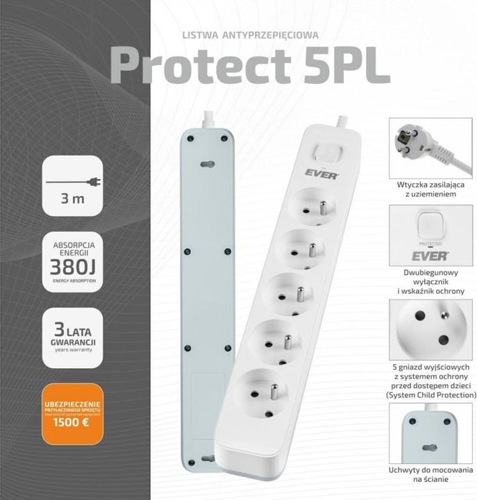 Immagine prodotto Ever Listwa Antyprzepięciowa Protect 5pl 3 m (5x, 3 m)