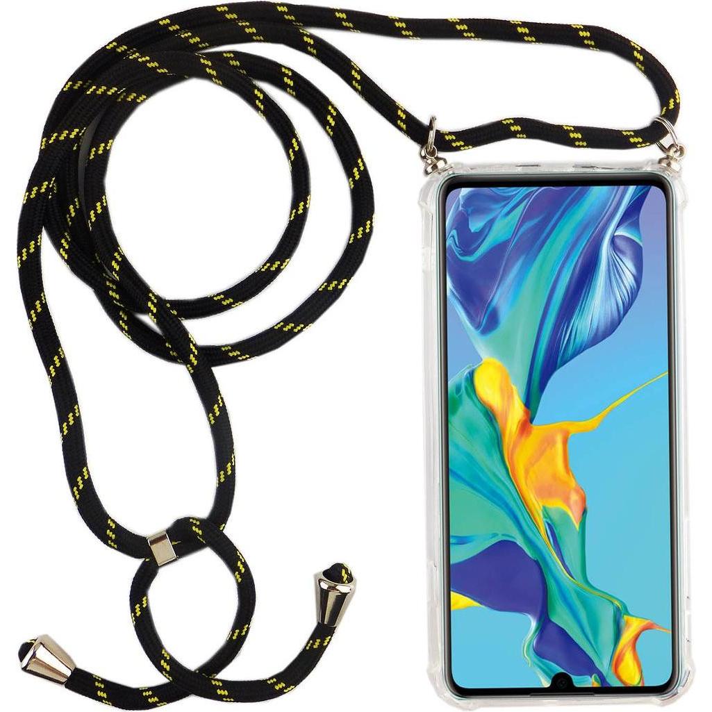 König Design Huawei P30 Lite Handykette Hülle mit Band Case zum umhängen mit Kordel Schwarz, Handykette, Transparent