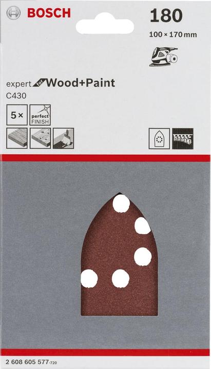 Actual product image Bosch Professional Zubehör Sanding sheet C430, 100 x 170 mm, 180, 8 holes, Velcro, pack of 5 (180)