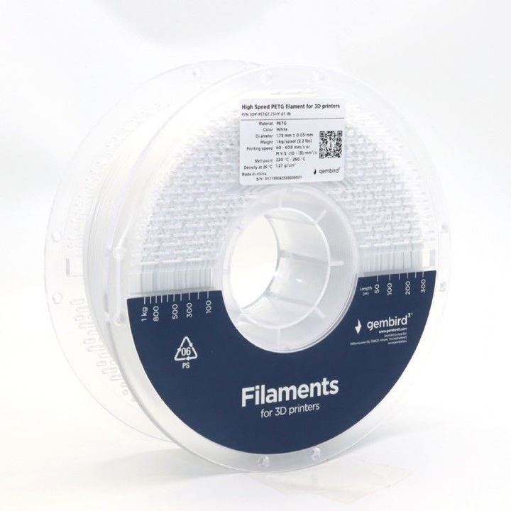 Produktbild Gembird High Speed PETG (PET, PETT) - Hvid - 1.75mm - 1 kg (PETG, 1.75 mm, 1000 g, Weiss)
