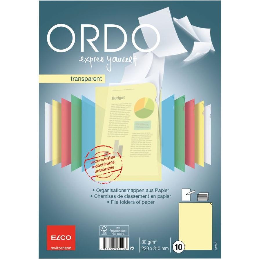 Elco, Mappe, 10 Sichthüllen Ordo transparent DIN A4 gelb glatt 80 g/qm (A4, 10 x)