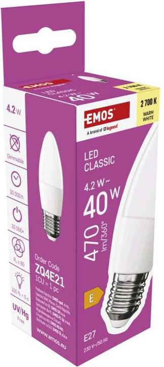 Image du produit Emos Lampe LED Classic Candle / E27 / 4,2 W (40 W) / 470 lm / Blanc chaud (E27, 470 lm, 1 x)
