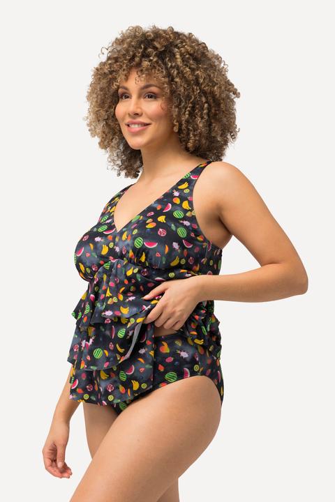 Image du produit Ulla Popken Tankini à volants, bonnets souples, matière recyclée dans un imprimé fruits (44 A)