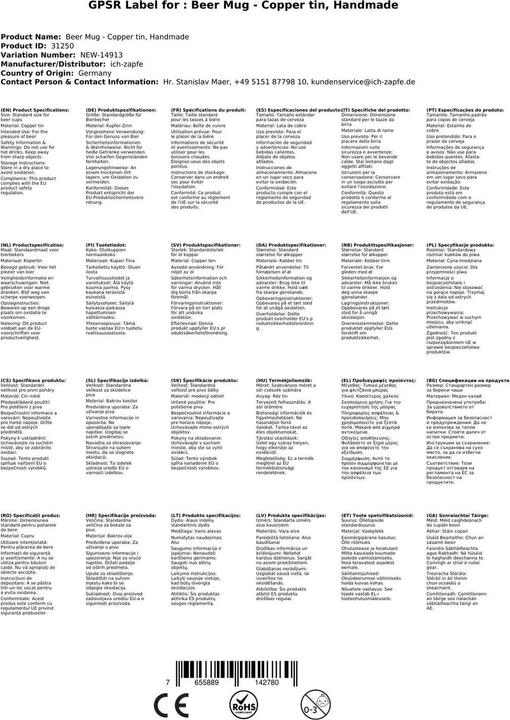 Valeurs nutritives et ingrédients Ich-zapfe Gobelet à bière - cuivre-étain, fait main (1 x)