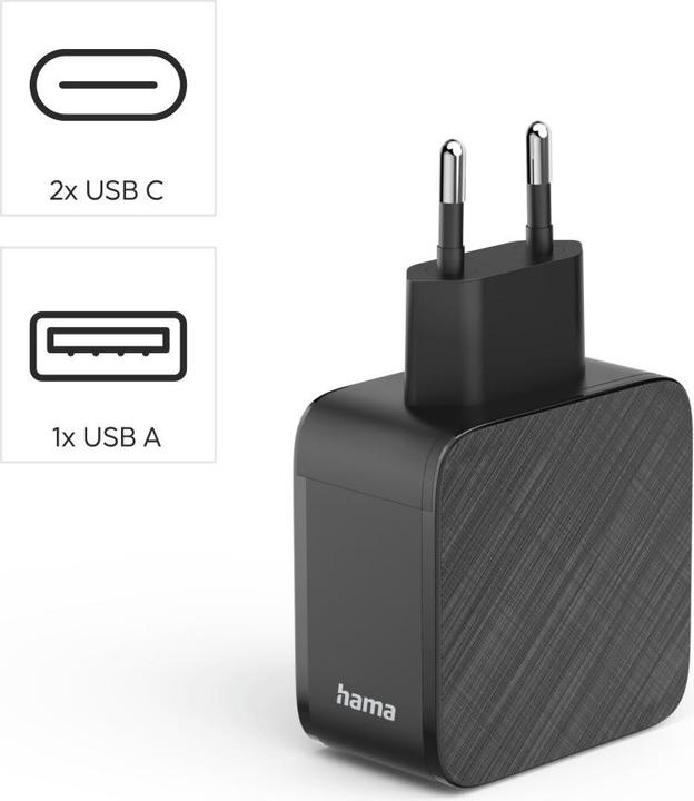 Actual product image Hama Schnellladegerät, 2x USB-C, 1x USB-A, PD, 65 W, Schwarz (65 W, 3 ports)