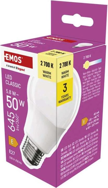 Actual product image Emos Classic A60 LED lamp / E27 / 5.8 W (50 W) / 645 lm / Warm white (E27, 5.80 W, 645 lm, 1 x, E)
