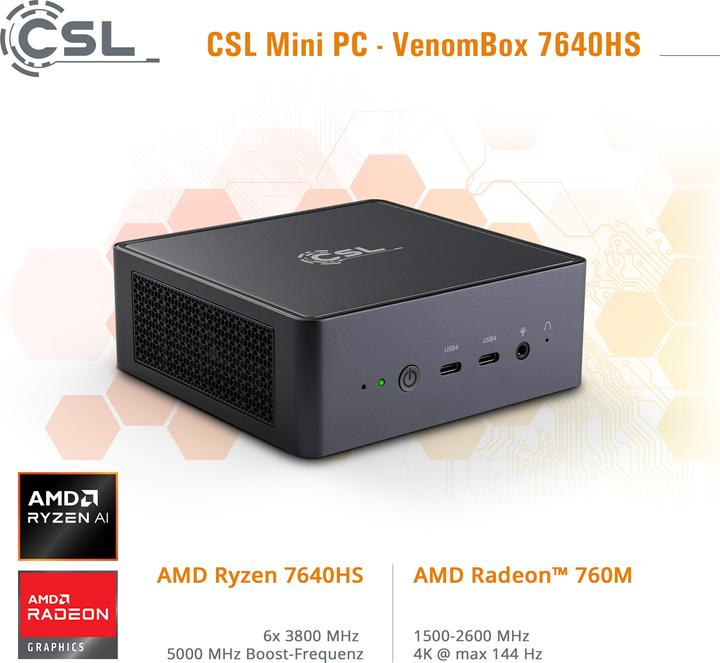 Actual product image CSL Mini-PC VenomBox 7640HS / 96GB / 2000 GB M.2 SSD / Windows 11 Home (AMD Ryzen 5 7640HS, 96 GB, 2000 GB, Radeon 760M)