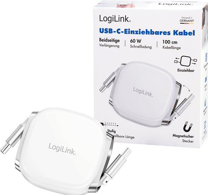 Produktbild LogiLink USB 2.0 Type-C-Kabel, C/M zu C/M, ausziehbar, 480 Mbit/s, 60W, weiss, 1 m (1 m, USB 2.0, 60 W)