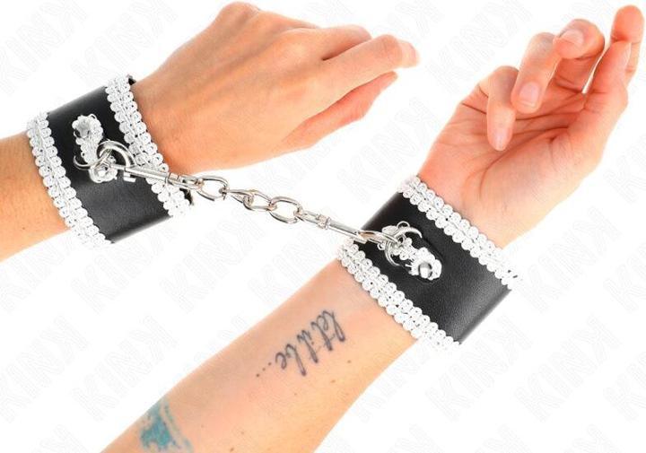 Actual product image Kink Black Wrist Cuffs With White Decorated Lace, Adjustable 20-23 cm X 5.5 cm