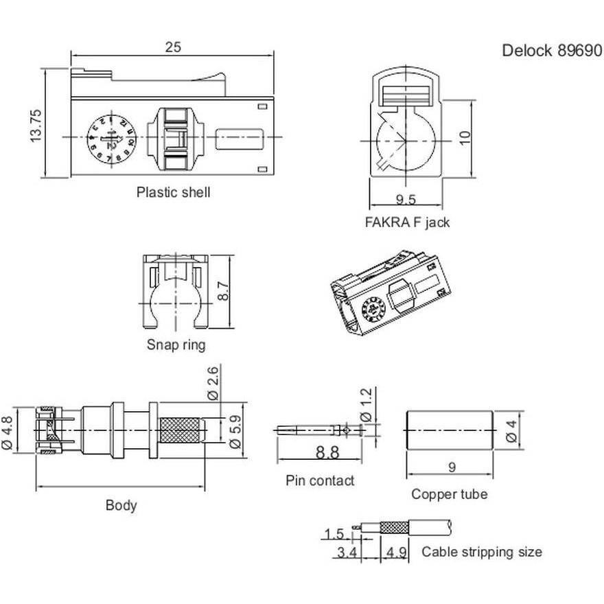 Thumbnail - Delock FAKRA F jack 25 mm (long) for crimping (Antennenkabel), Antennenkabel
