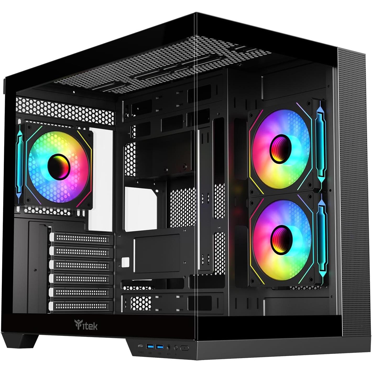 Itek Boitier Moyen Tour ATX Dark Cave DS RGB avec panneaux vitrés (Noir) (mATX, ATX, Mini-ITX), Case PC, Nero
