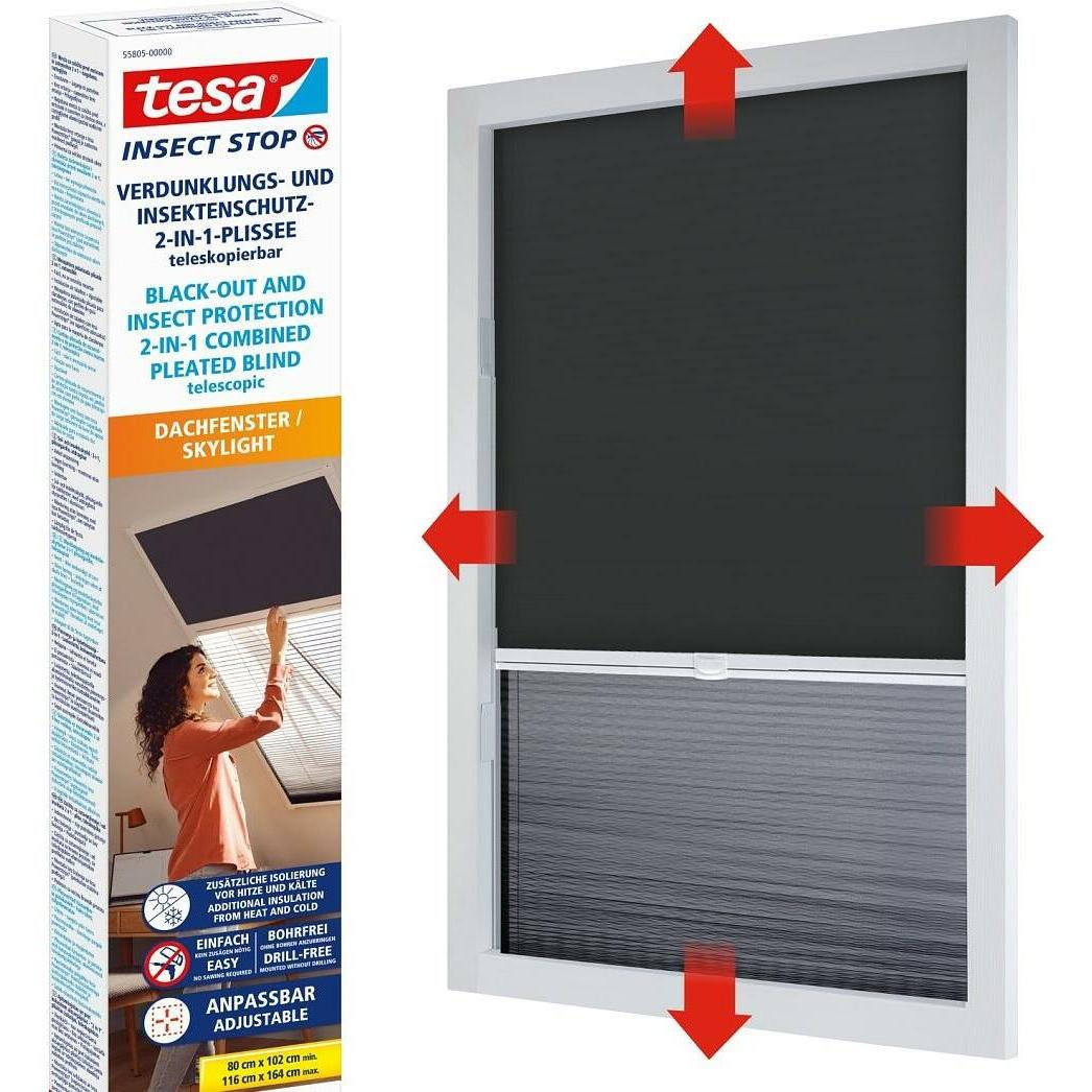 tesa, Zanzariera, Insektenschutz 2-in-1-Plissee - Rollo und Fliegengitter für Dachfenster ohne Bohren (164 x 119 cm)