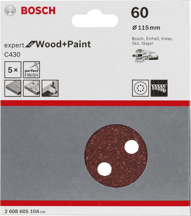 Actual product image Bosch Professional Zubehör Sanding sheet C430, 115 mm, 60, 8 holes, Velcro, pack of 5 (60)