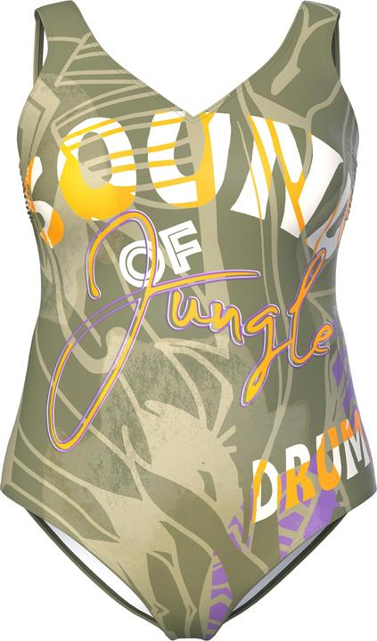 Image du produit Ulla Popken Maillot de bain sans bonnets souples, décolleté en V et imprimé jungle (56)