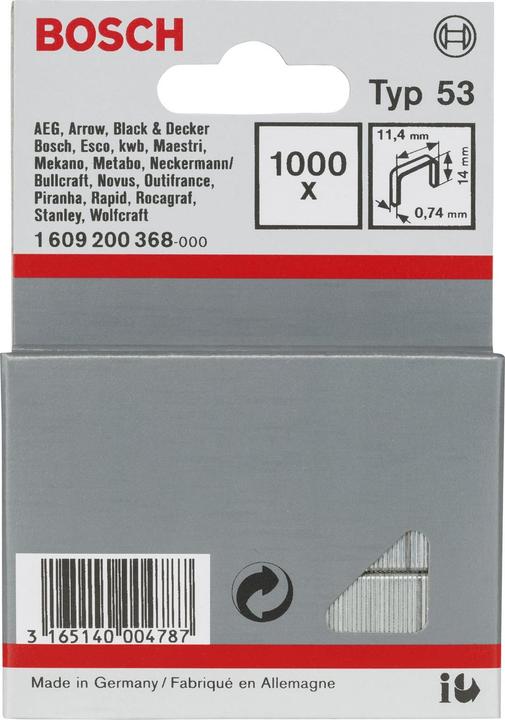 Image du produit Bosch Professional Zubehör Agrafe à fil fin type 53, 11,4 x 0,74 x 14 mm, pack de 1000
