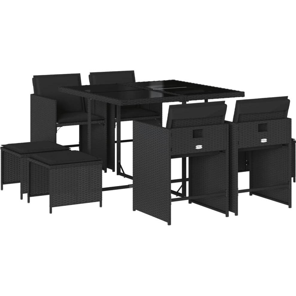 VidaXL, Gartentisch + Balkontisch, Gartenmöbel Essgruppe Gartengarnitur Sitzgruppe 9tlg. Schwarz Poly Rattan (110 cm)