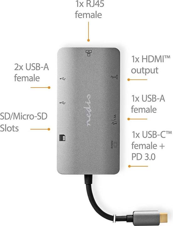 Actual product image Nedis USB Multi-Port Adapter | USB 3.2 Gen 1 | USB-C™ Connector | HDMI™ Output / Micro SD / RJ45 Jack (USB-C, 7 ports)