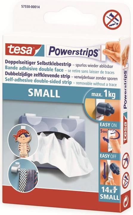 Produktbild tesa Powerstrips SMALL, 1kg Halteleistung, 14x doppelseitige Klebestreifen