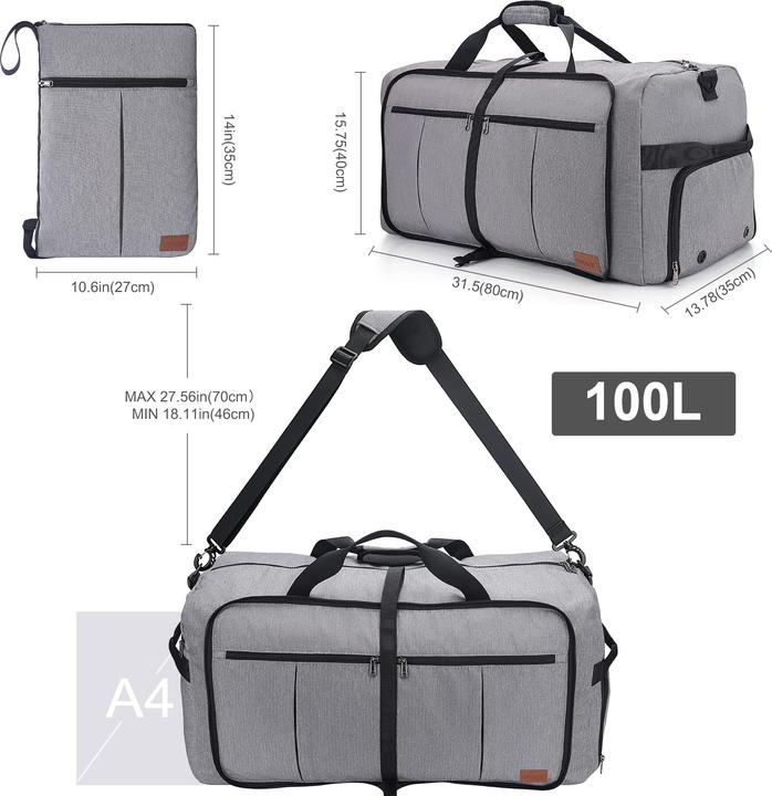 Immagine prodotto Only-Bags.Store Borsa da viaggio pieghevole grande weekender con scomparto per le scarpe, impermeabile/sportiva (100 l)