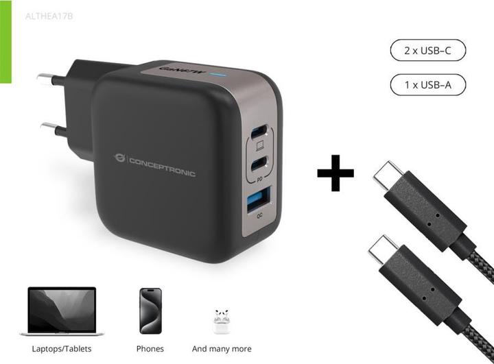 Produktbild Conceptronic Ladegerät 3Port 67W,2xUSB-C,3-in-1 USB-A PD sw (67 W, 3 Ports)