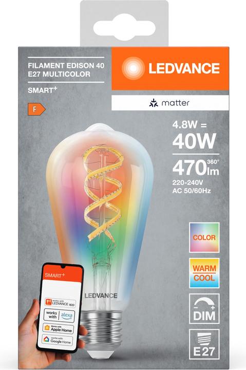 Image du produit Ledvance SMART+ MATTER FILAMENT EDISON MULTICOLOR 4.8W 827...865 Multicolore E27 (E27, 470 lm, 4x)